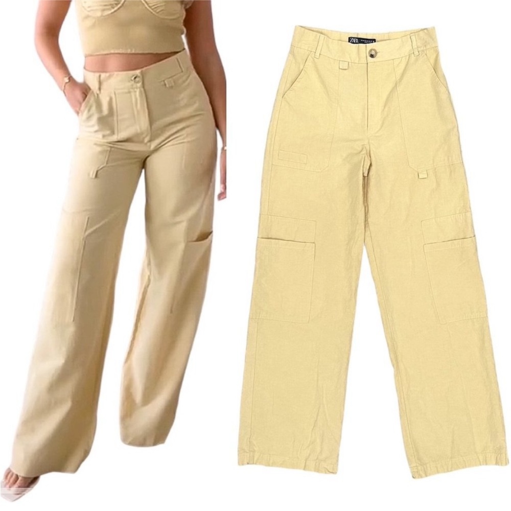 Zara matching 2 piece coord set butter pale light yellow cargo pants, ruched top - Picture 3 of 9